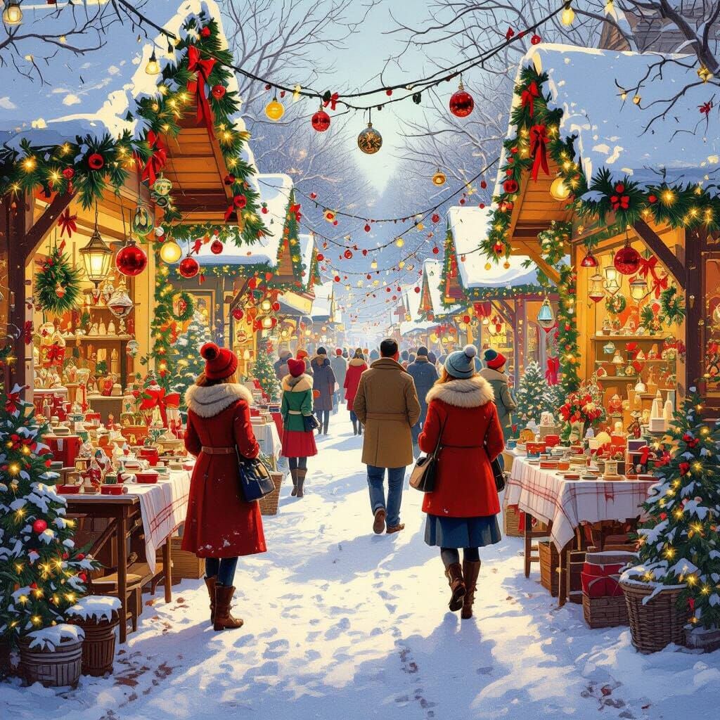 Christmas Flea Market Scene with Shoppers and Festive Decora...