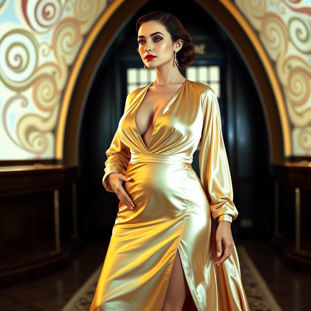 Elegant Woman in Iridescent Silk Gown, Inspired by Futuristi...