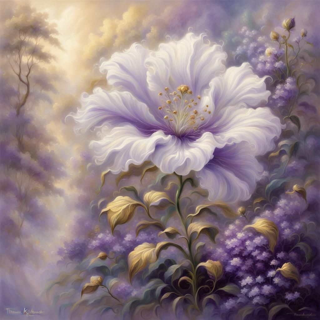 Ethereal White Flower with Gold Scrollwork