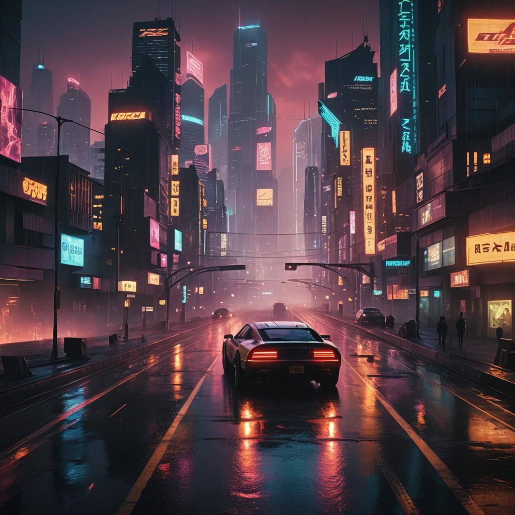 Cyberpunk Car Drives Through Digital Cityscape