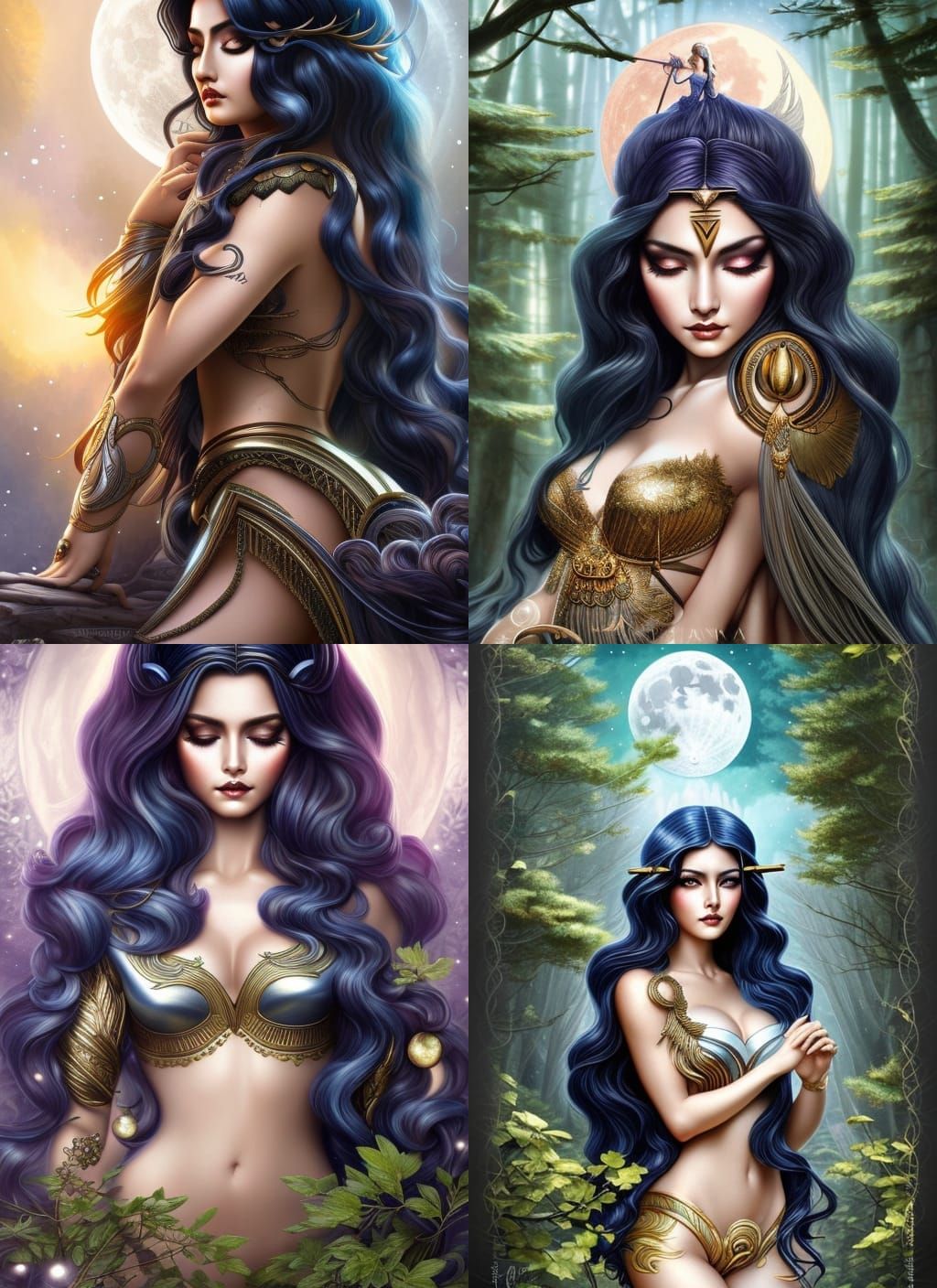 Artemis Goddess Statue with Moon and Forest Designs