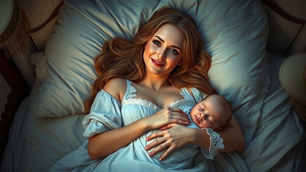 Elegant Victorian Mother and Child in Whimsical Slumber