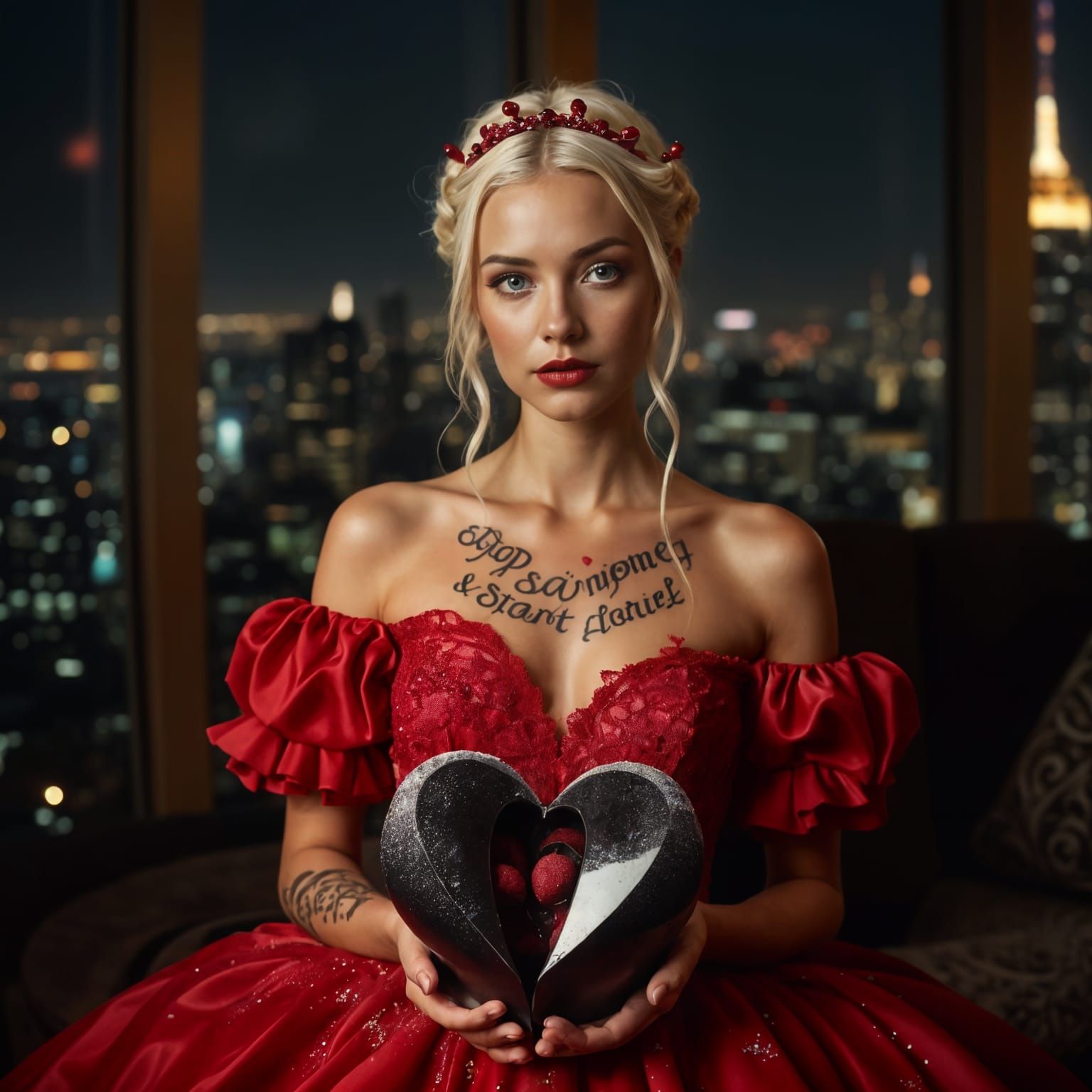 Crimson Gown Woman with Ruby Hairpins & Bold Tattoos