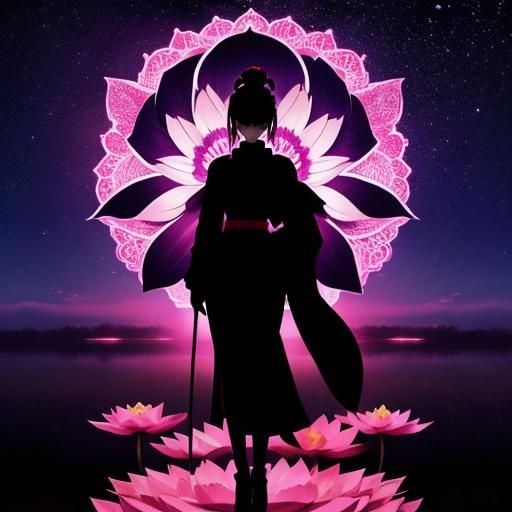 Silhouette on Lotus Flower in Anime Style