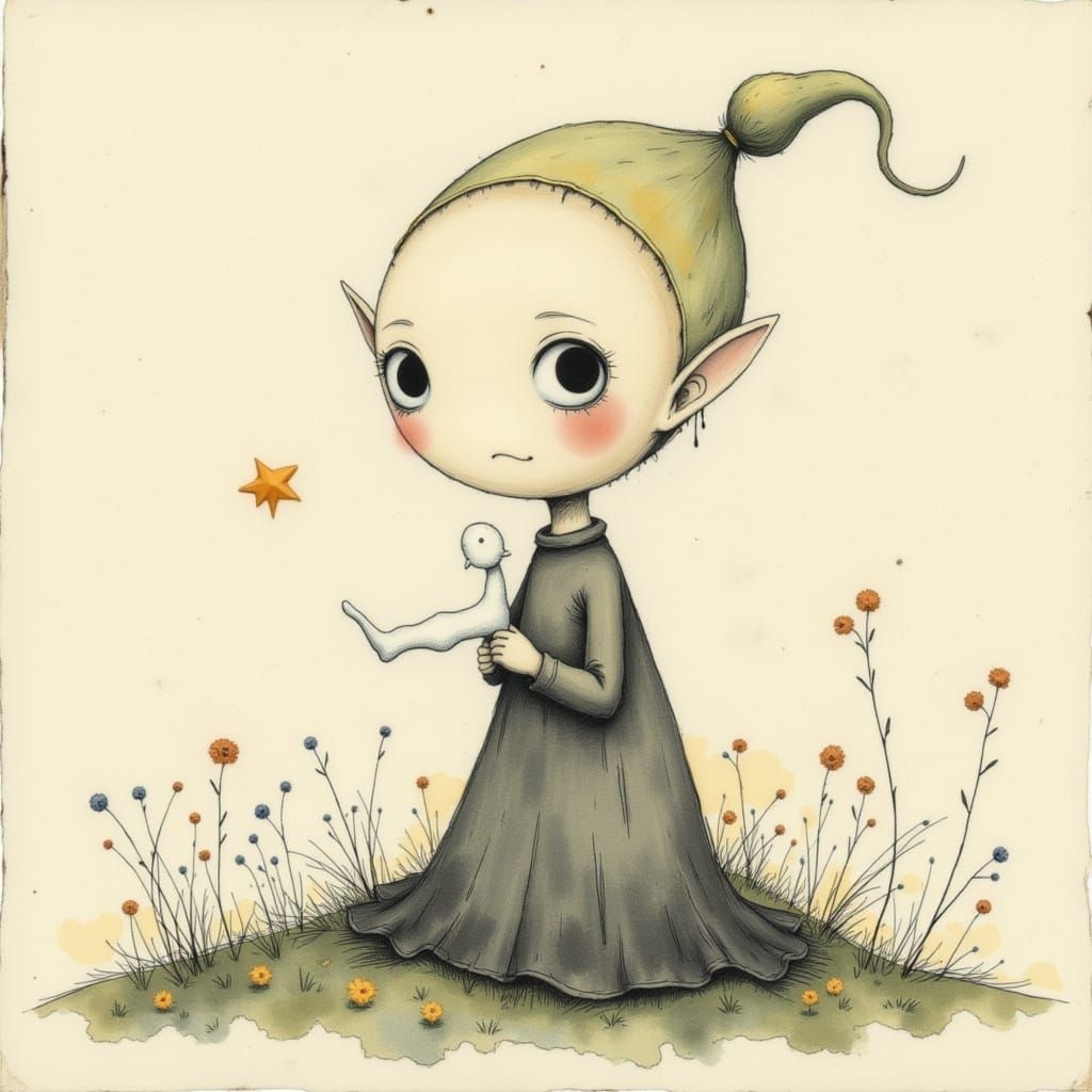 Dobbie the House Elf Holding a Sock, Watercolor and Pencil A...