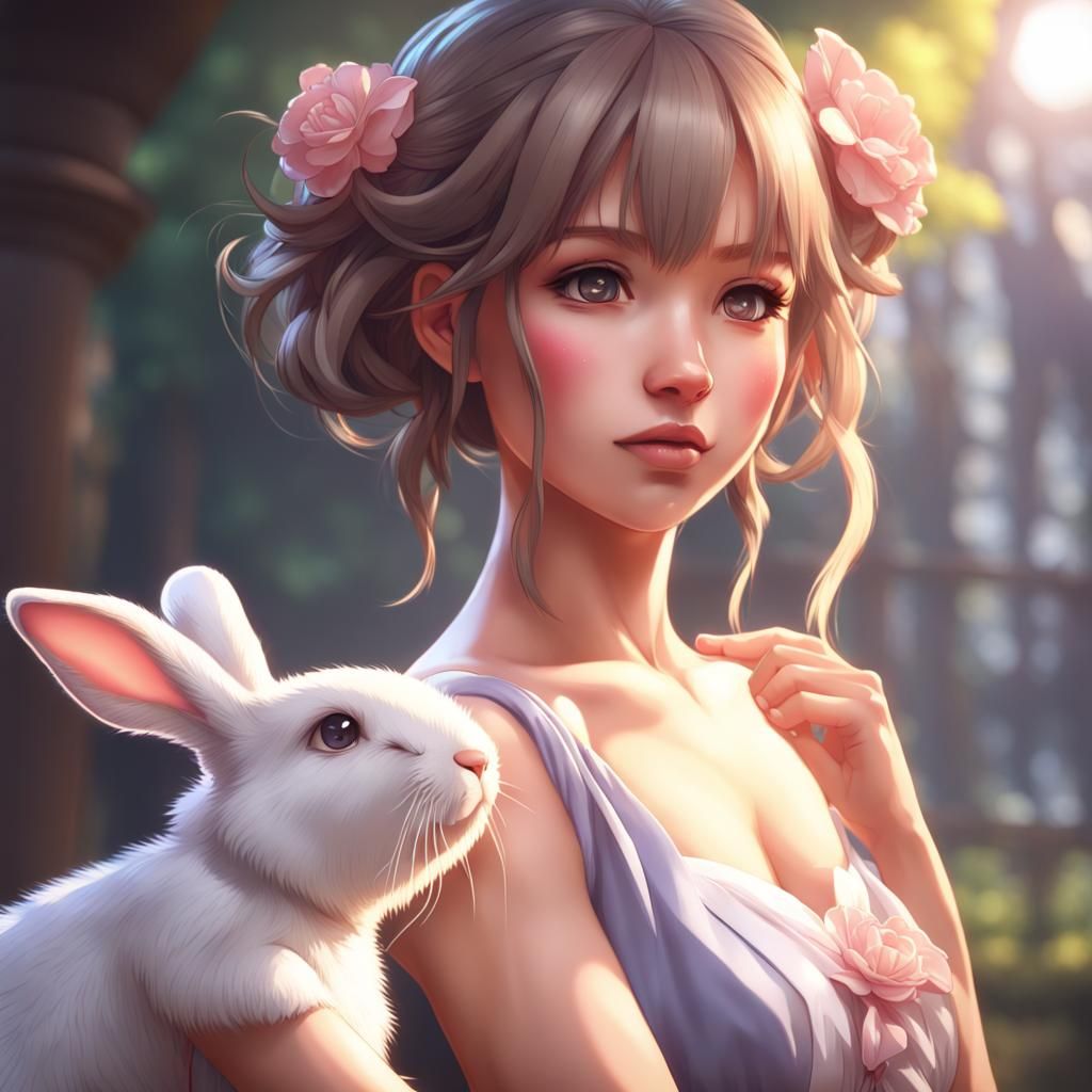 Anime Girl Portrait with Rabbit in Hyperdetailed Style