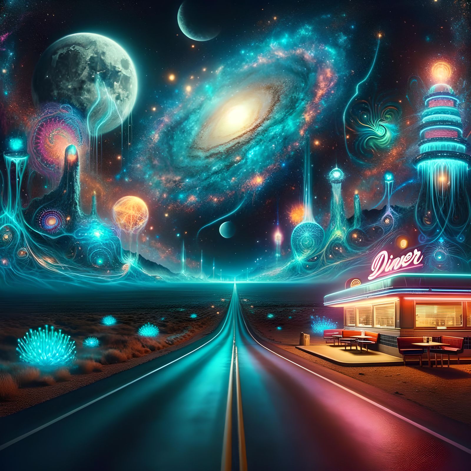 Cosmic Americana: Bioluminescent Road Under Mystic Moon