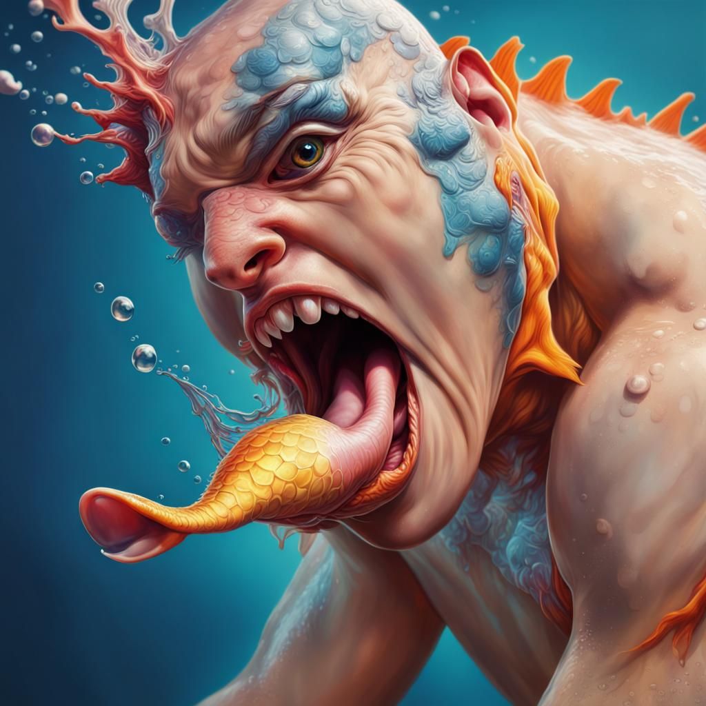 Hyperrealistic Fish Licking Elbow in Splash Art