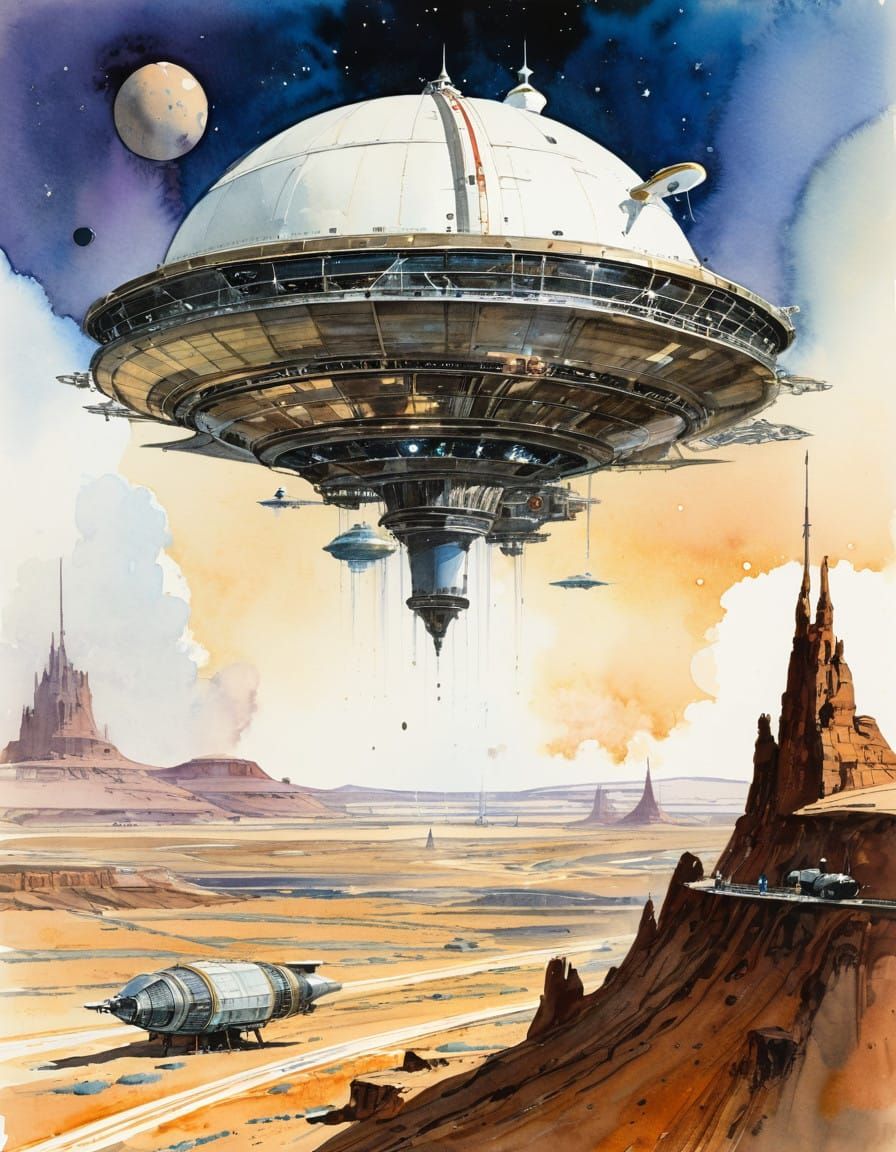 Steampunk Spaceport Satellite Awaits Approaching Craft in Dr...