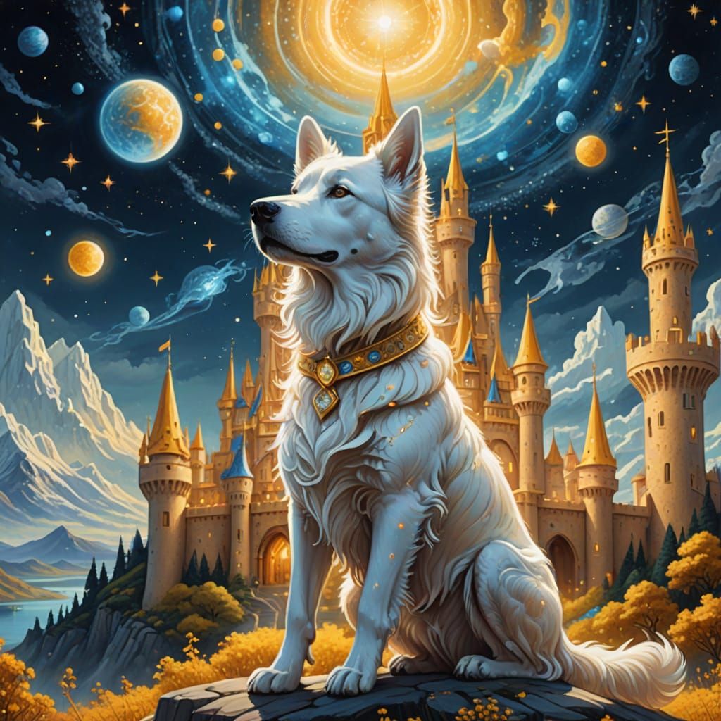 Galactic Dog Embraces Family Near Glowing Yellow Castle