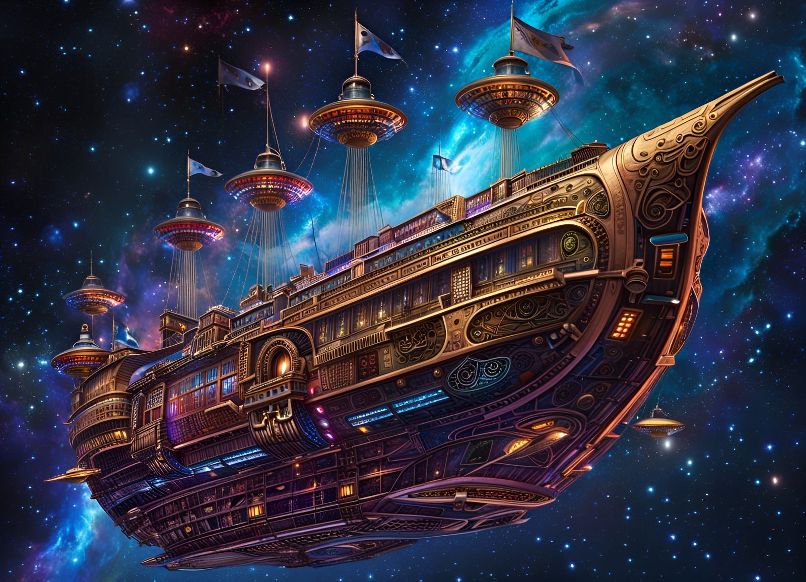 Futuristic Pirate Ship Soaring Through Galaxy