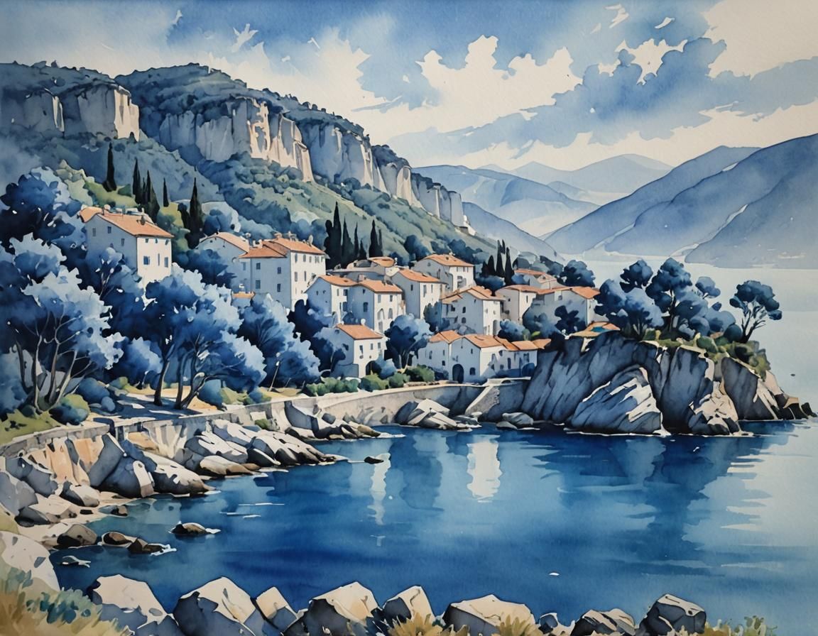 Blue Monochromatic Watercolor of Adriatic Coast
