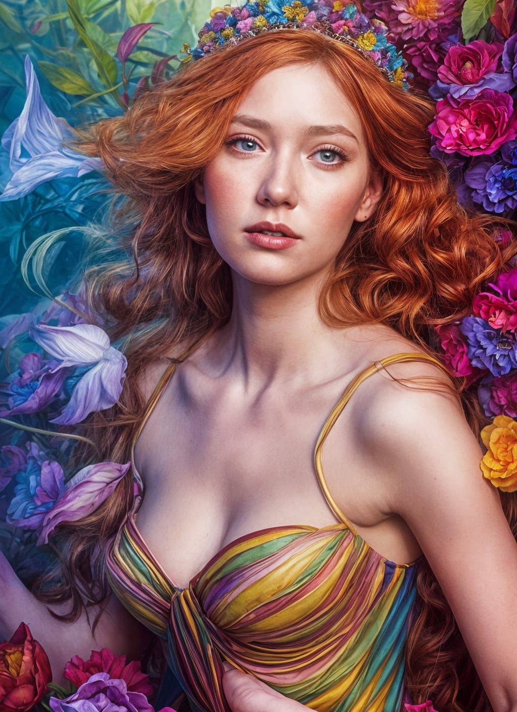 Colorful Flower Queen Portrait in Hyperdetailed Matte Painti...