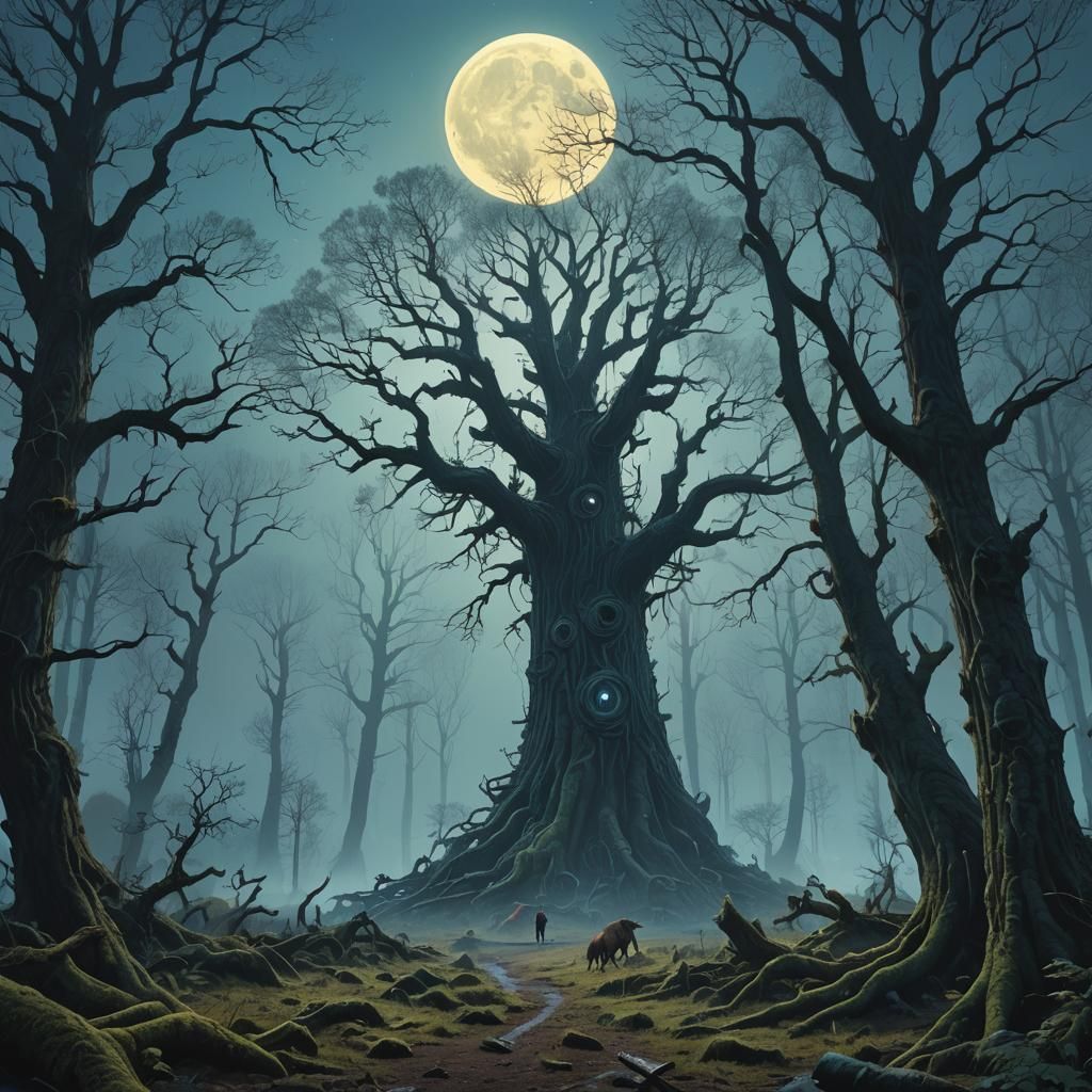 Mystical Forest Under Blue Moon, Surreal Digital Art