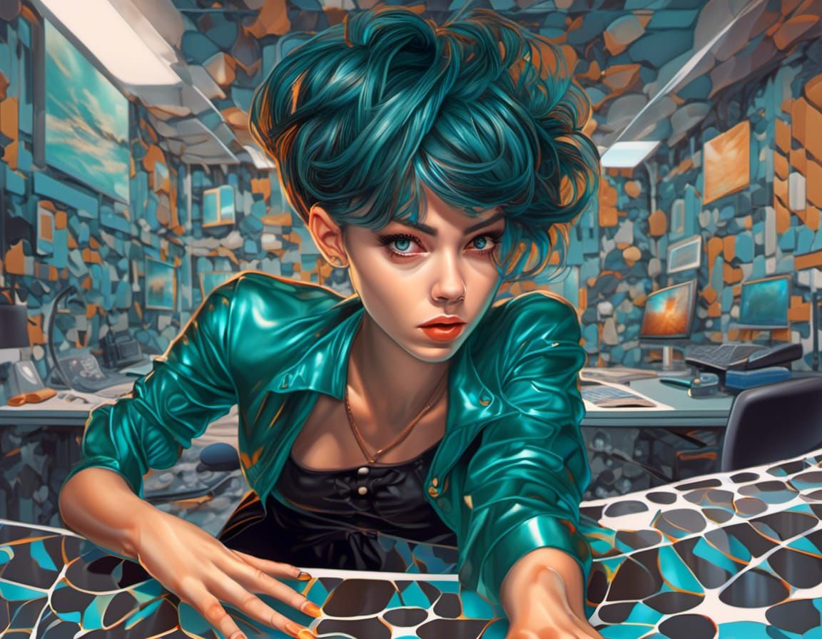 Redhead in Teal Leather in Abstract Office