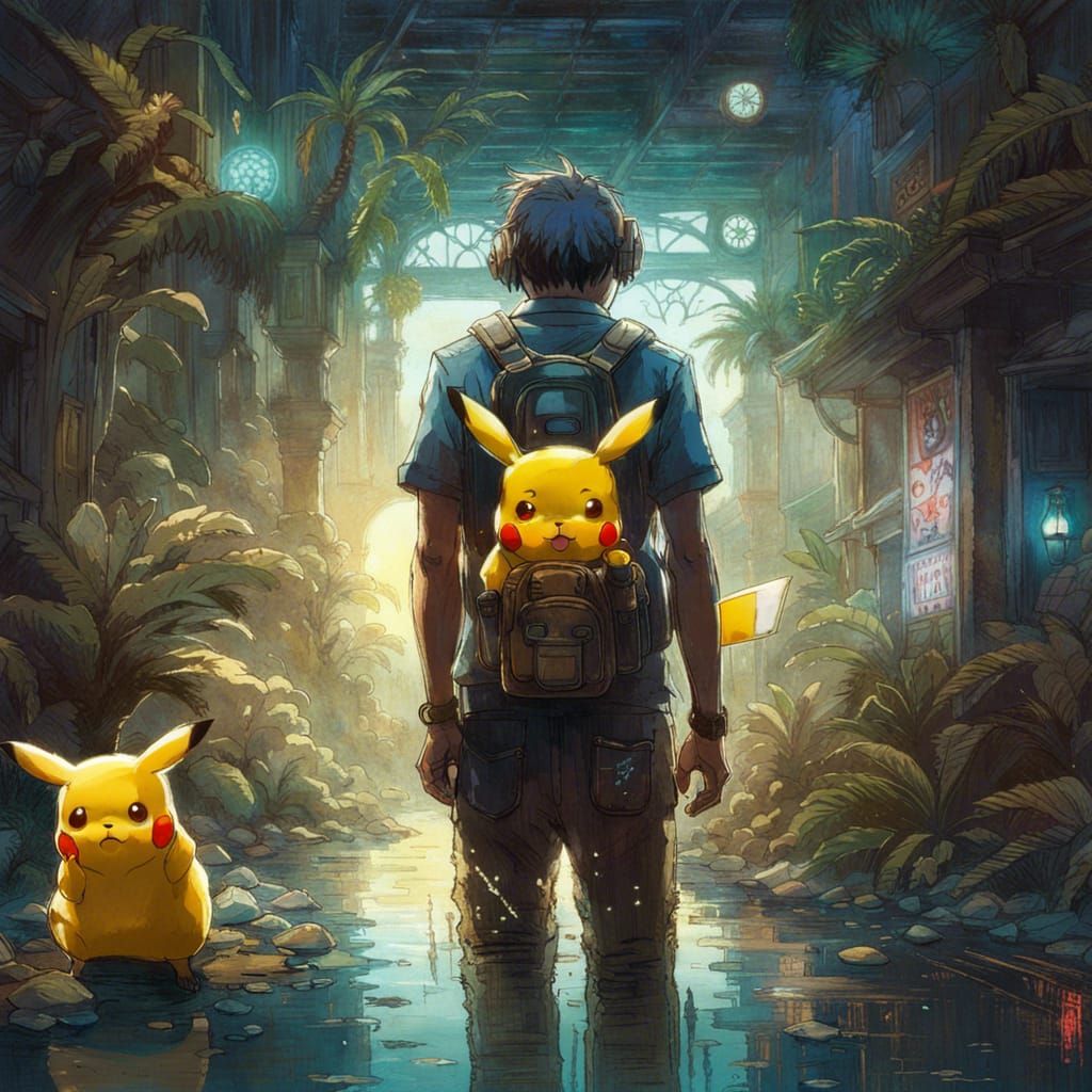 Iridescent Pikachu in Oasis: Detailed Album Cover Art
