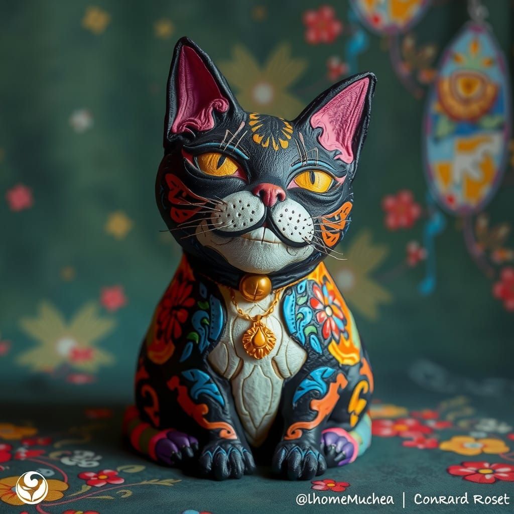 Vibrant Art Nouveau Cat Figurine in Intricate Detail