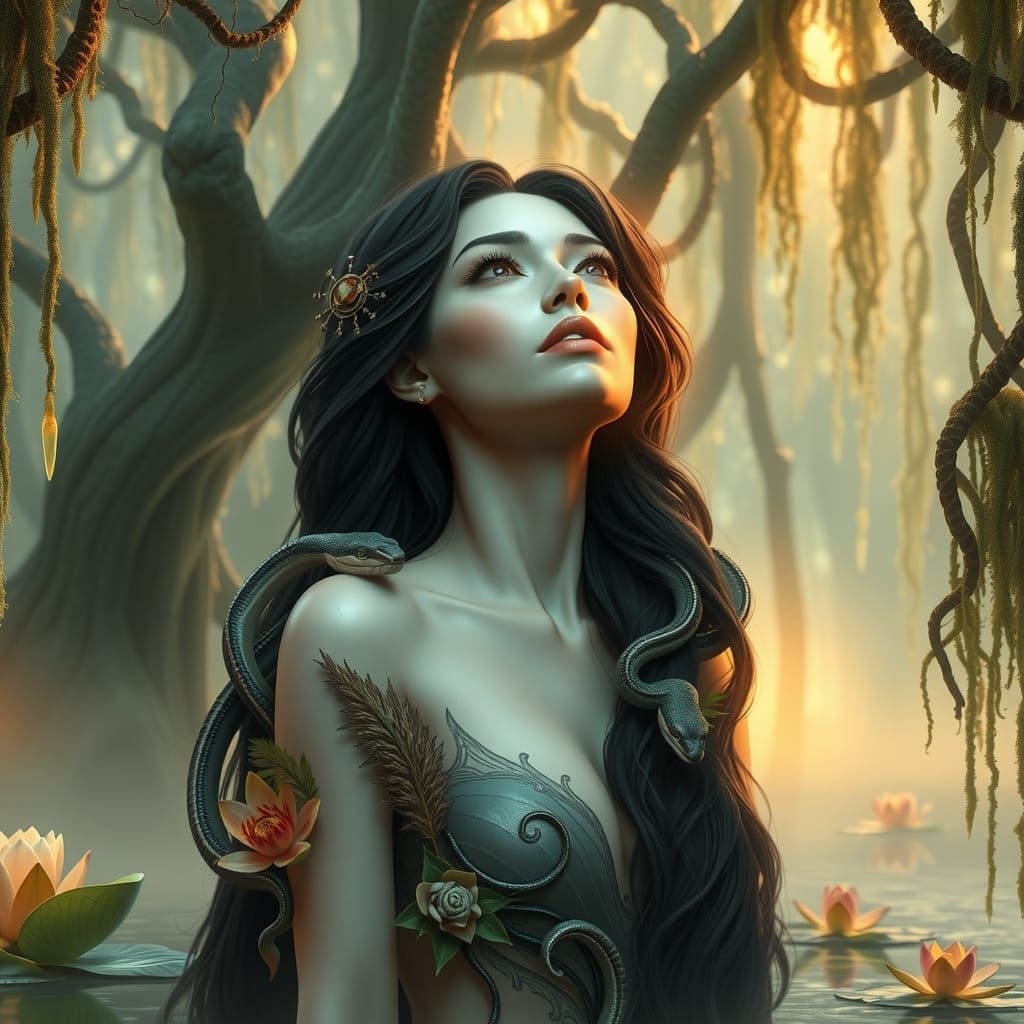 Regal Woman in Iridescent Swamp, Hyperrealistic Art
