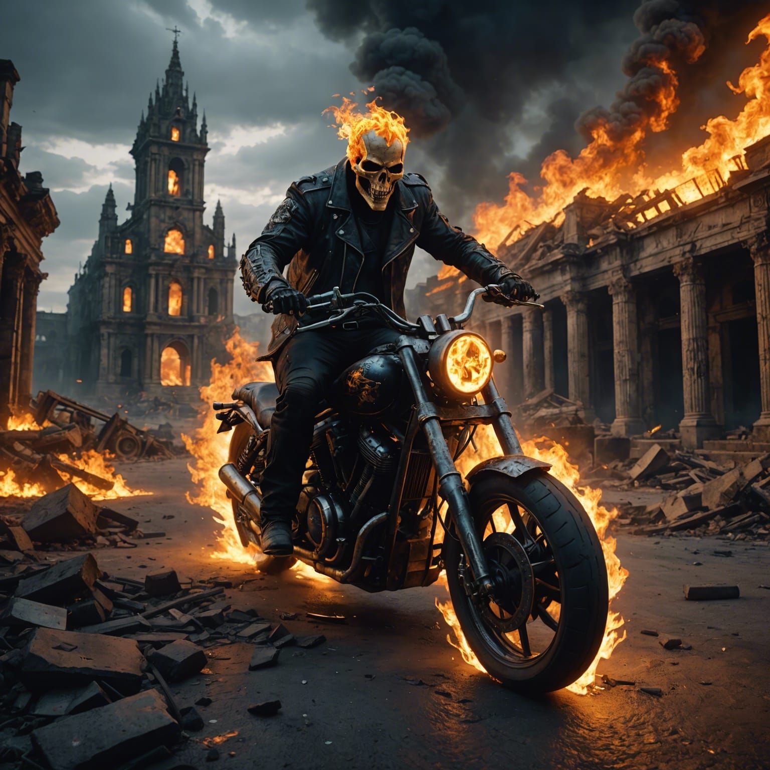 Ghost Rider on Fiery Motorcycle in City Ruins