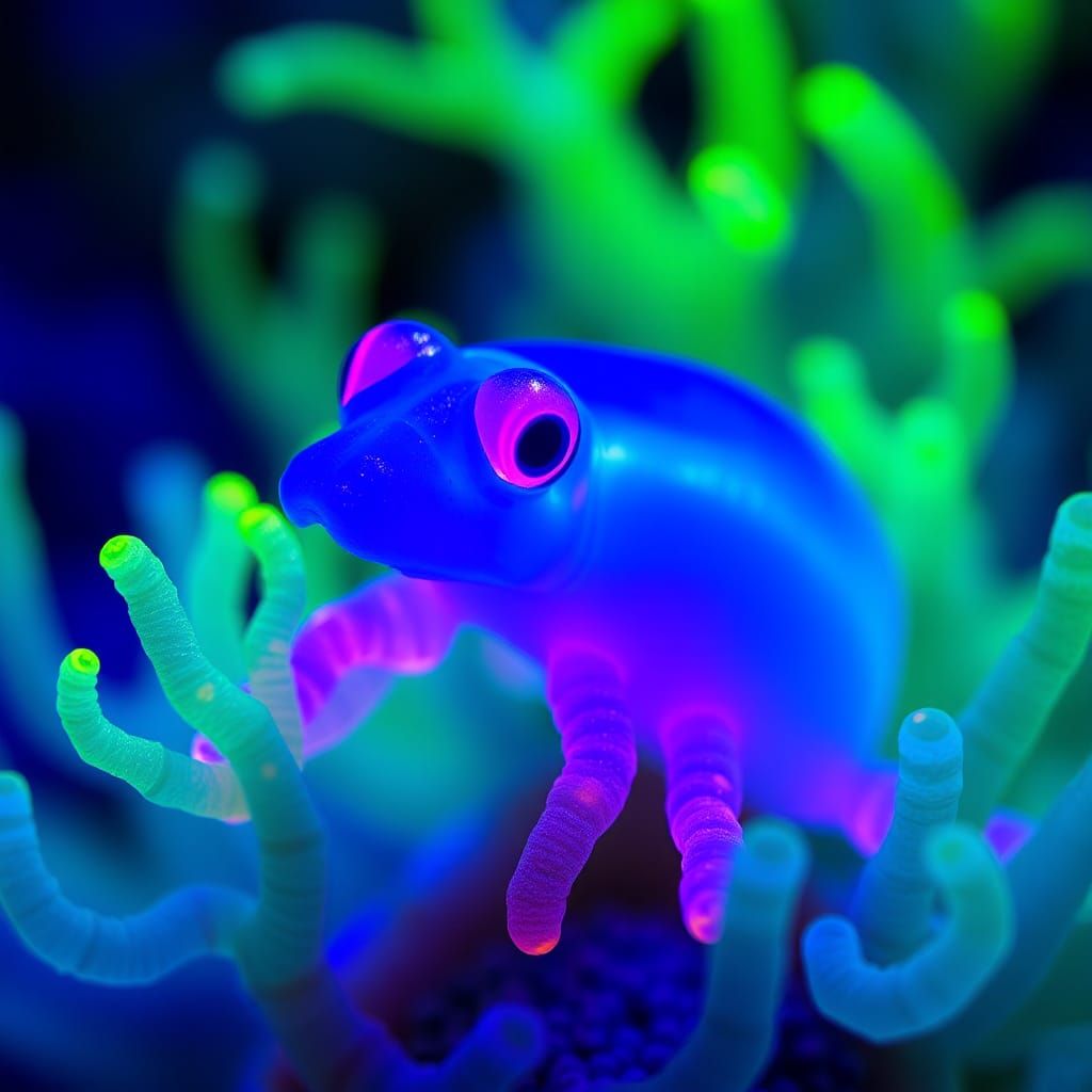 Fluorescent Sea Creatures in Bioluminescent Display