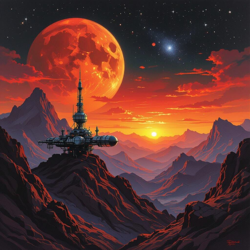 An encaustic style painting of a marsian space station nestl...