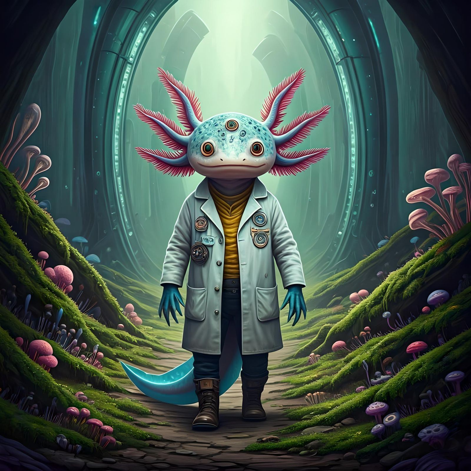 Surreal Axolotl Alien Expeditionist in Alien Landscape