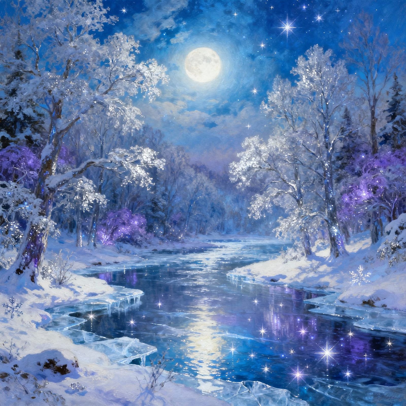 Mystical Winter Landscape Under Ethereal Moonlight