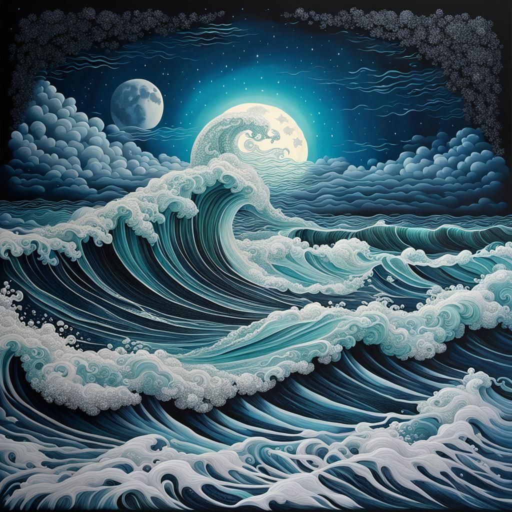 Moonlit Ocean Waves in Intricate Detail