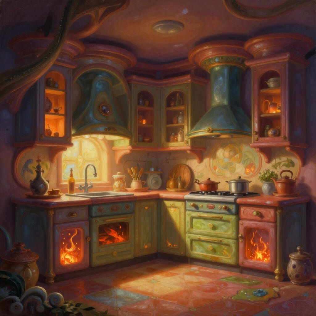Cozy Kitchen Artistry: Love and Comfort in Fantasy Style