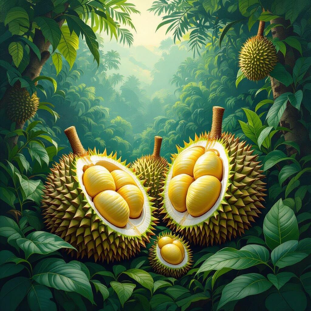 Durians in Jungle, Exotic Botanical Illustration