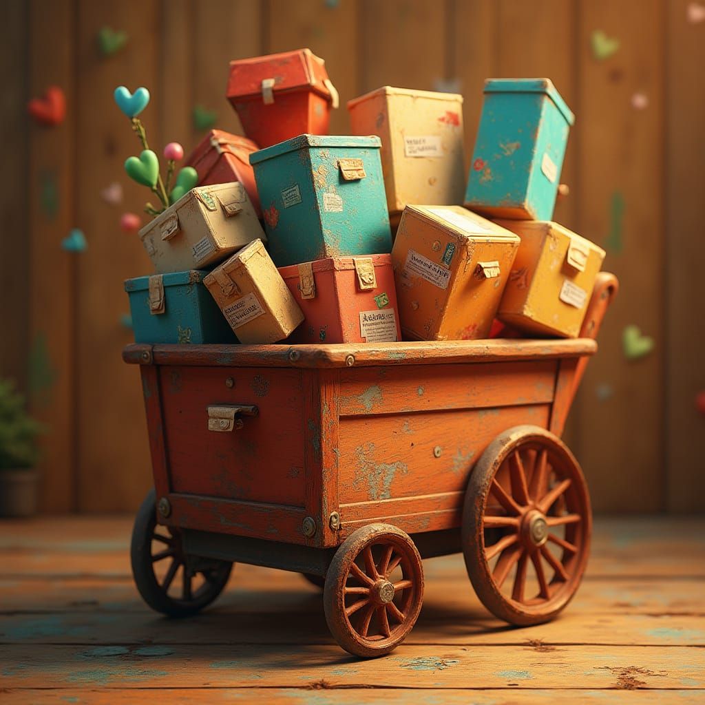 Colorful Postal Parcels Overflowing from Vintage Mail Cart