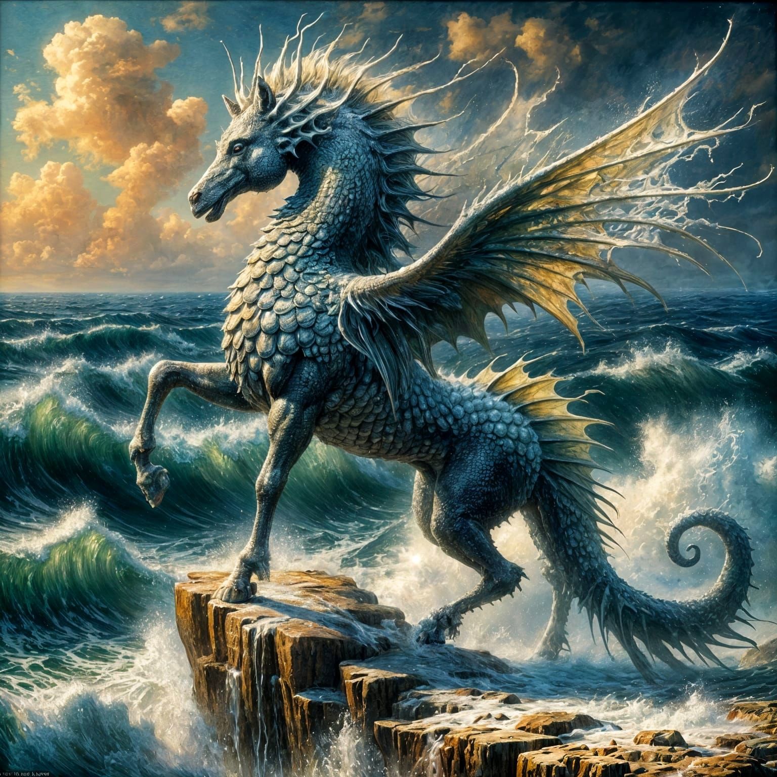 Mythical Kelpie Seahorse on Windy Cliff, Oil Painting