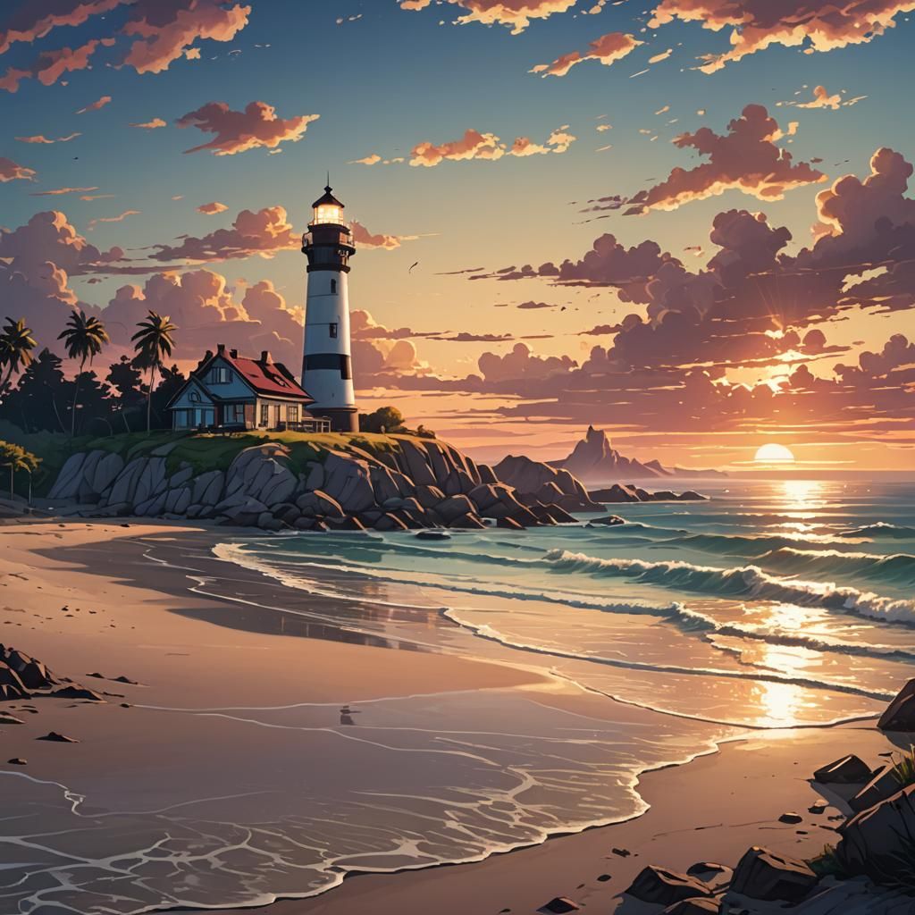Beach Sunset Lighthouse in Luminist Style