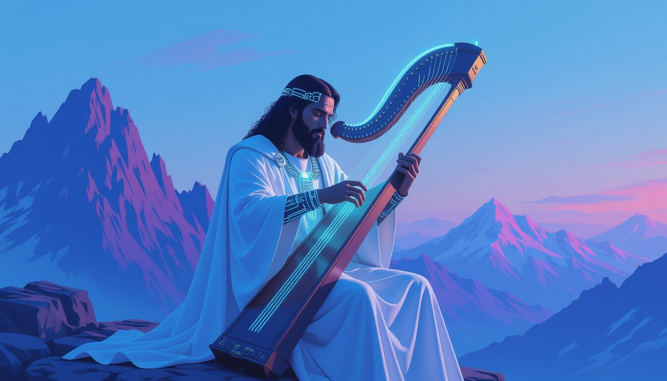 King David with Laser Harp in Cyberpunk Style