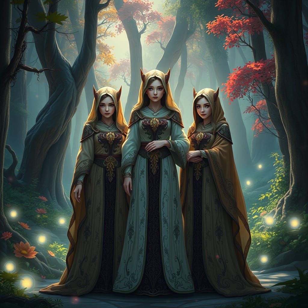 Three Sisters in Lush Forest with Glowing Lights in a Cyberp...