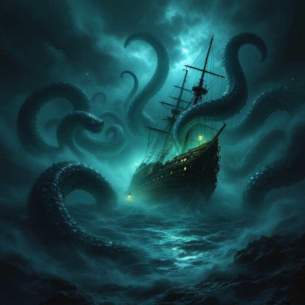 Kraken Attacks Pirate Ship in Ominous Ocean