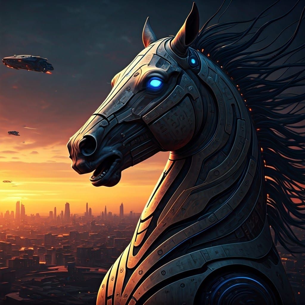 Cybernetic Horse in Dystopian Cityscape