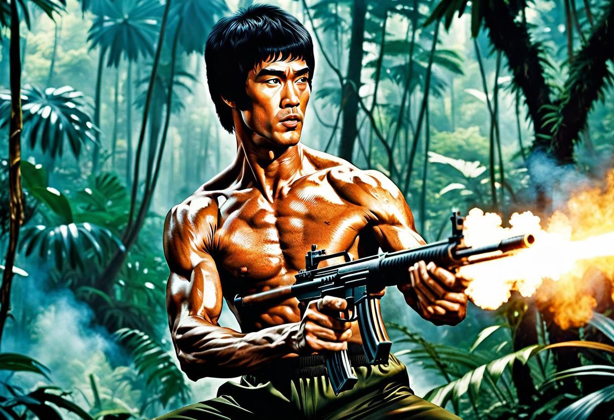 Bruce Lee as Rambo Firing Machine Gun in Jungle