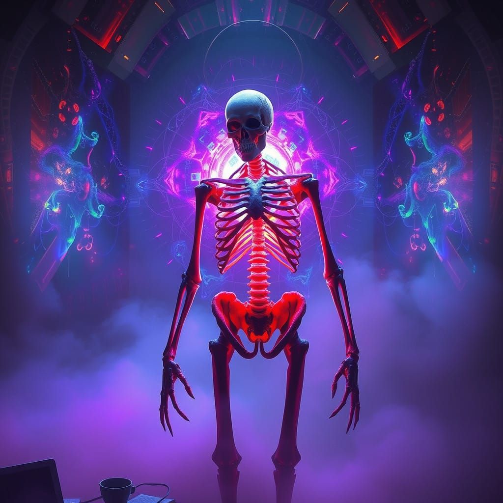 Skeletal Figure in Dreamlike Environment