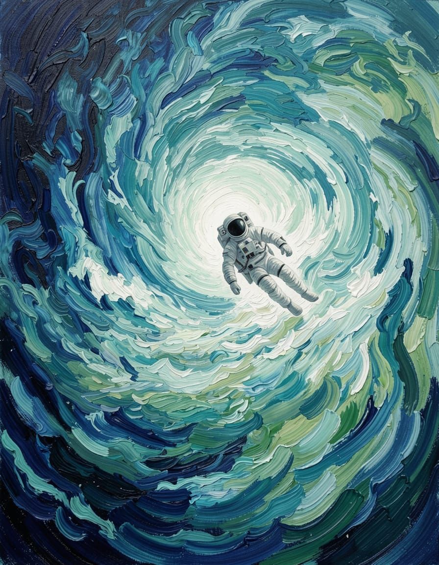 Surreal Astronaut in Swirling Blue-Green Oil Paint Vortex