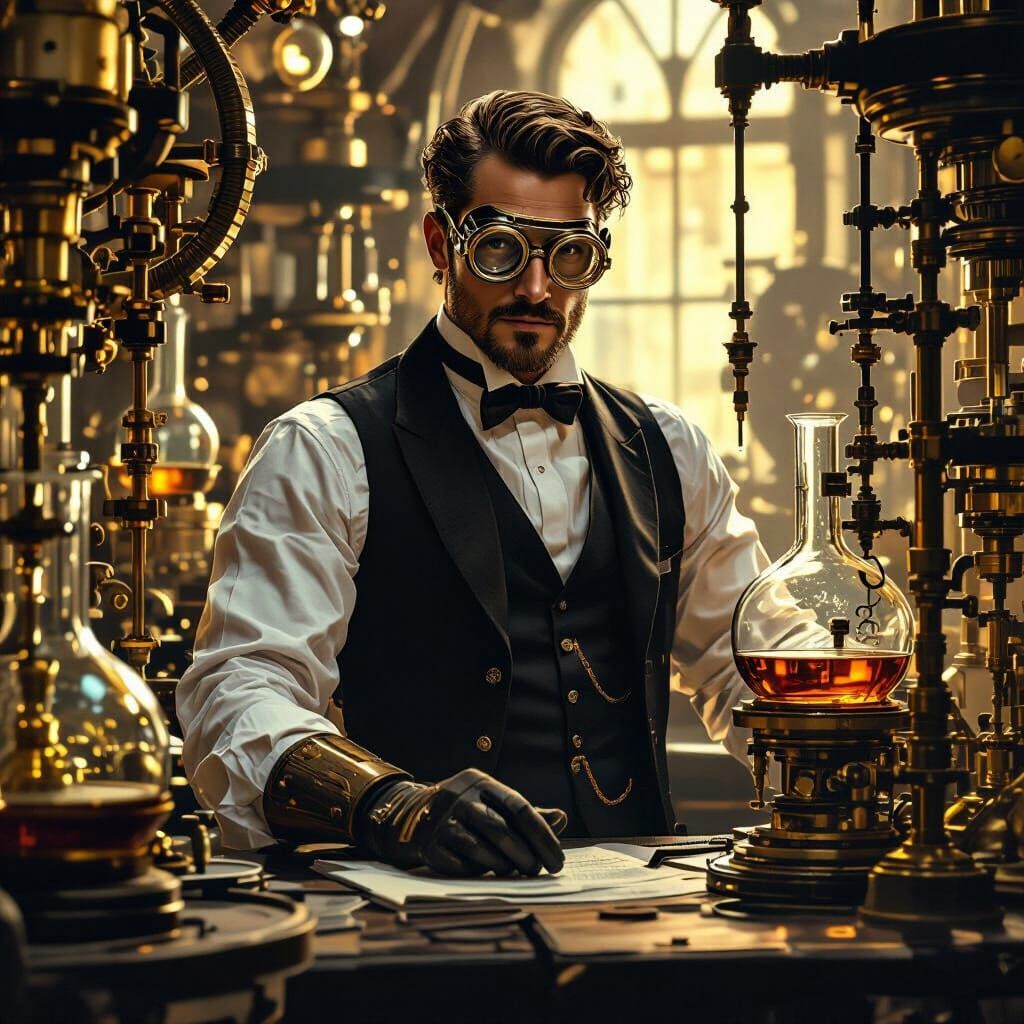 Victorian Man in Steampunk Laboratory