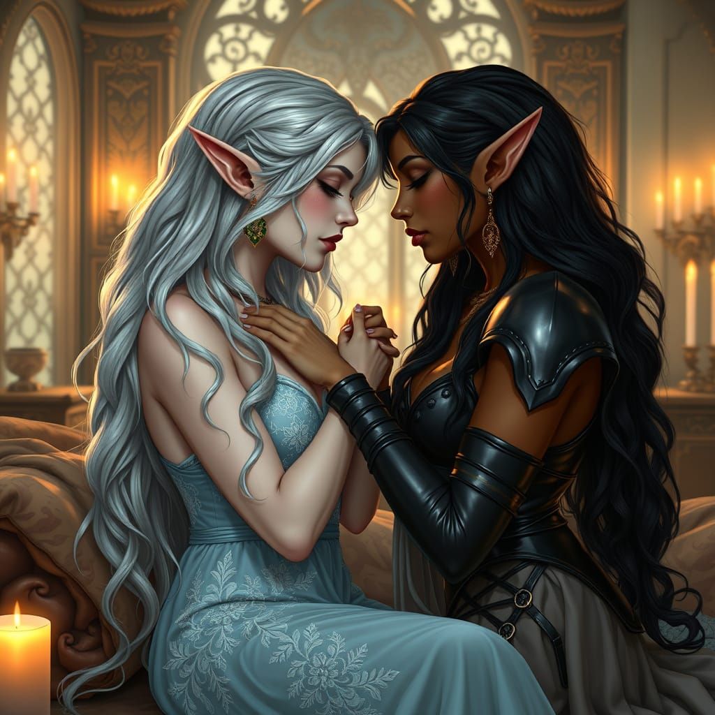 Elven Maidens Share a Romantic Moment in Candlelit Castle