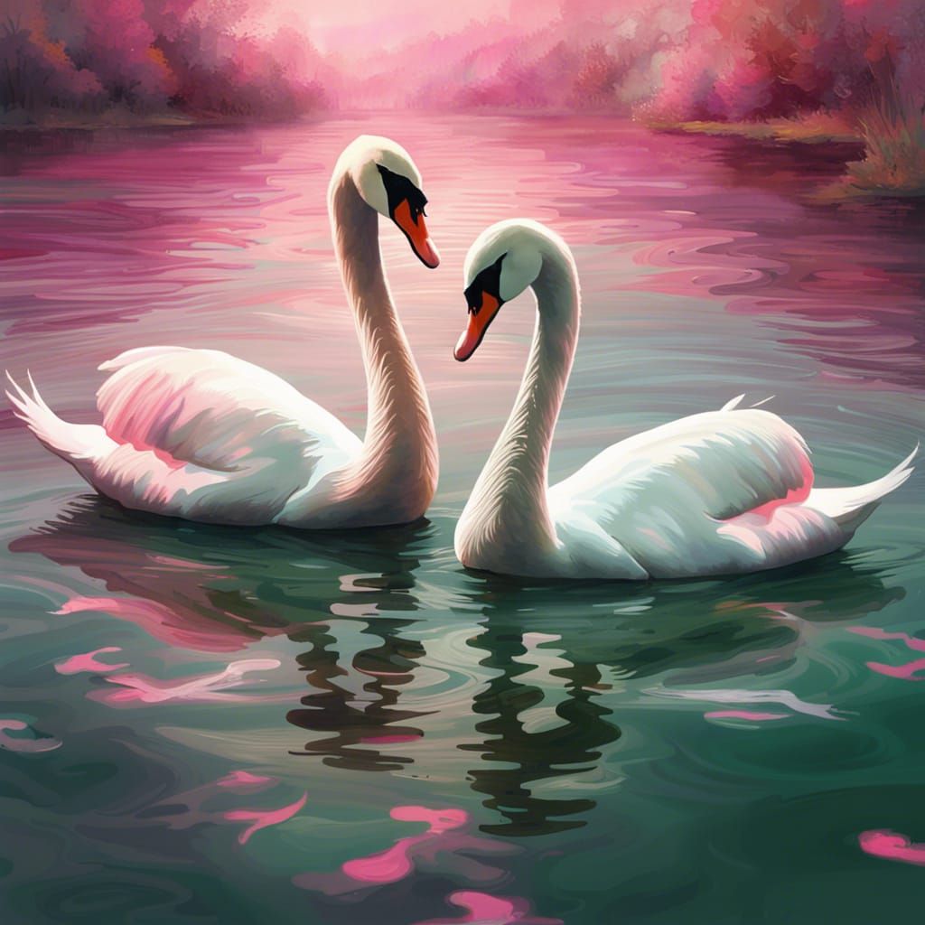 Impressionist Swans Form Heart on Lake