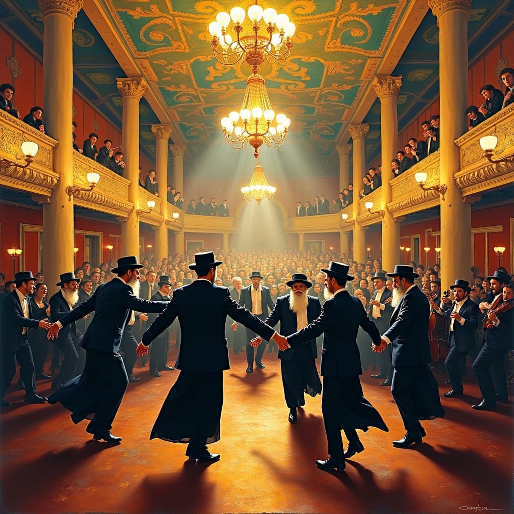Orthodox Jewish Dance in Opulent Hall, Chagall-Inspired