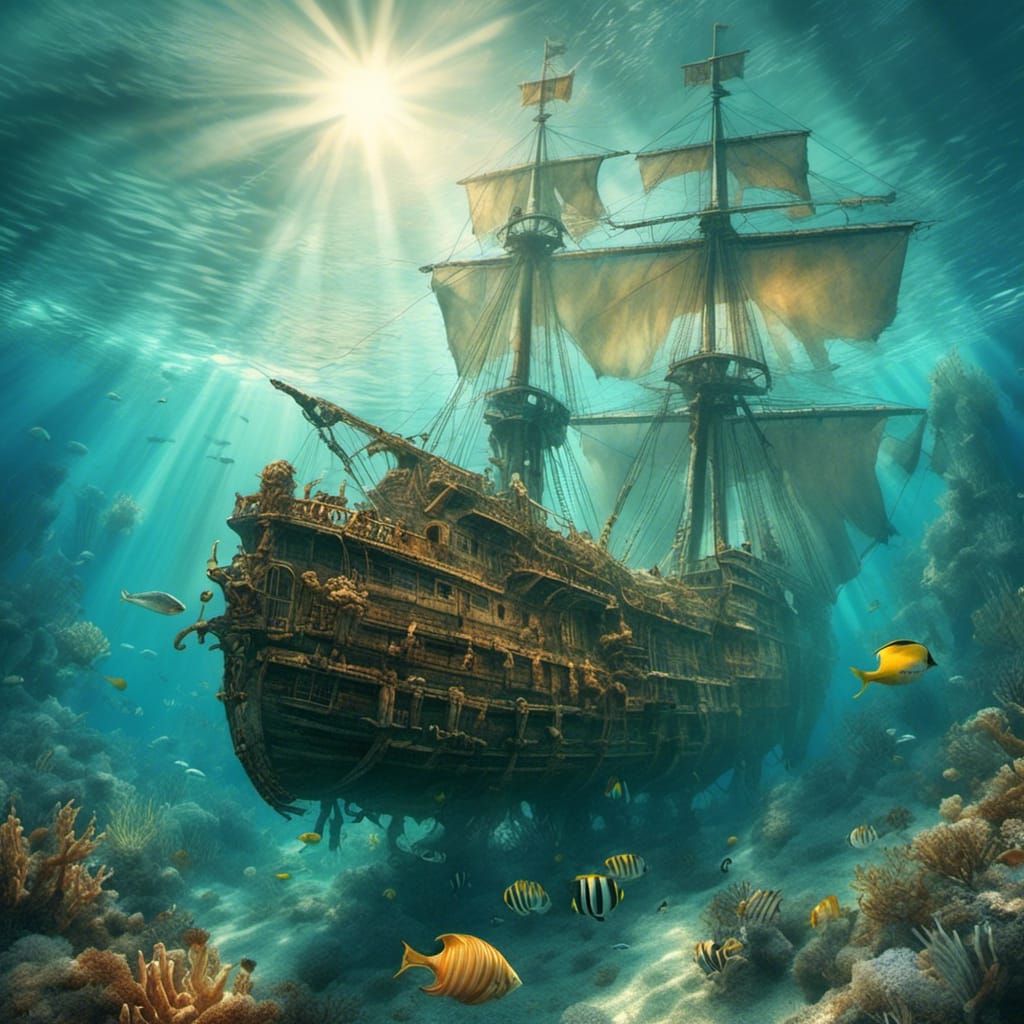 Underwater Shipwreck: Watercolor Ocean Bottom