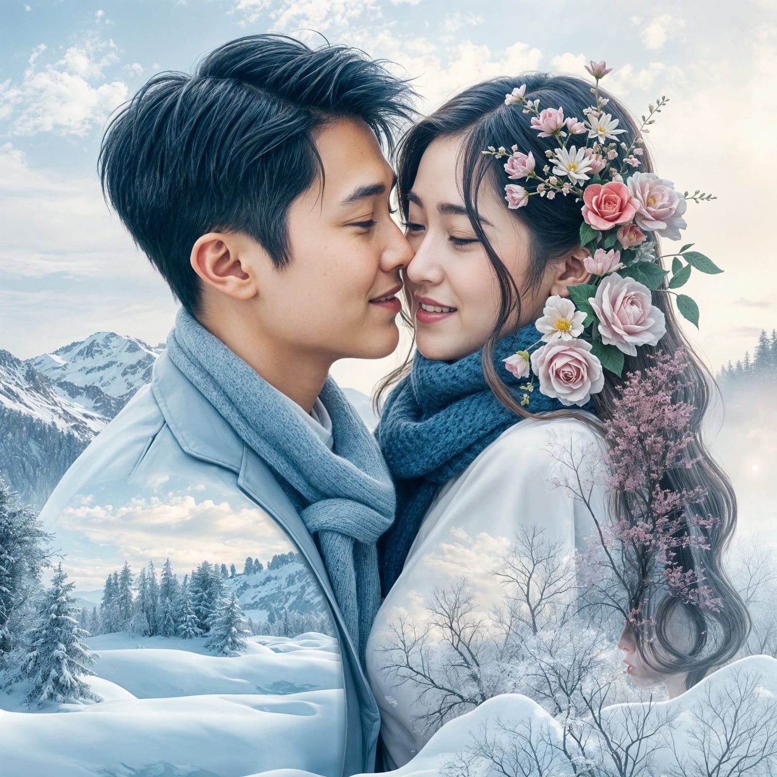 Whimsical Winter Spring Couple Portrait in Dreamy Webtoon St...