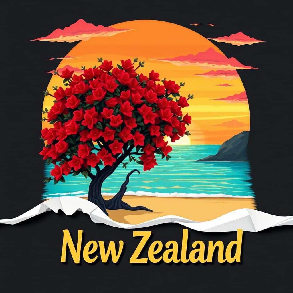 Majestic Pōhutukawa Tree Blooms in Vibrant Tropical Paradise