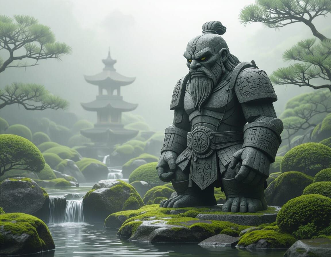 Stone Golem In Misty Japanese Garden