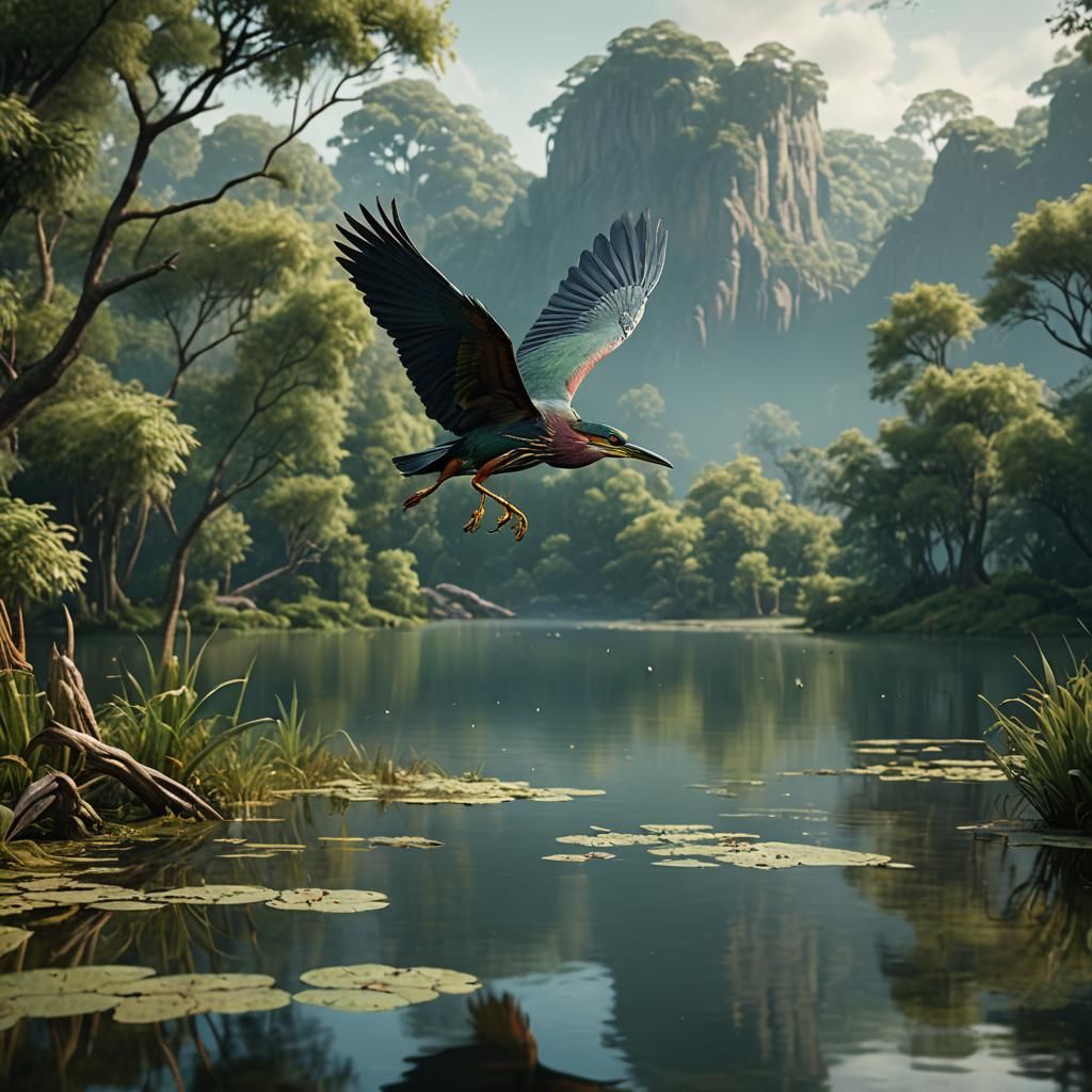 Green Heron Soaring Over Lake: Matte Painting