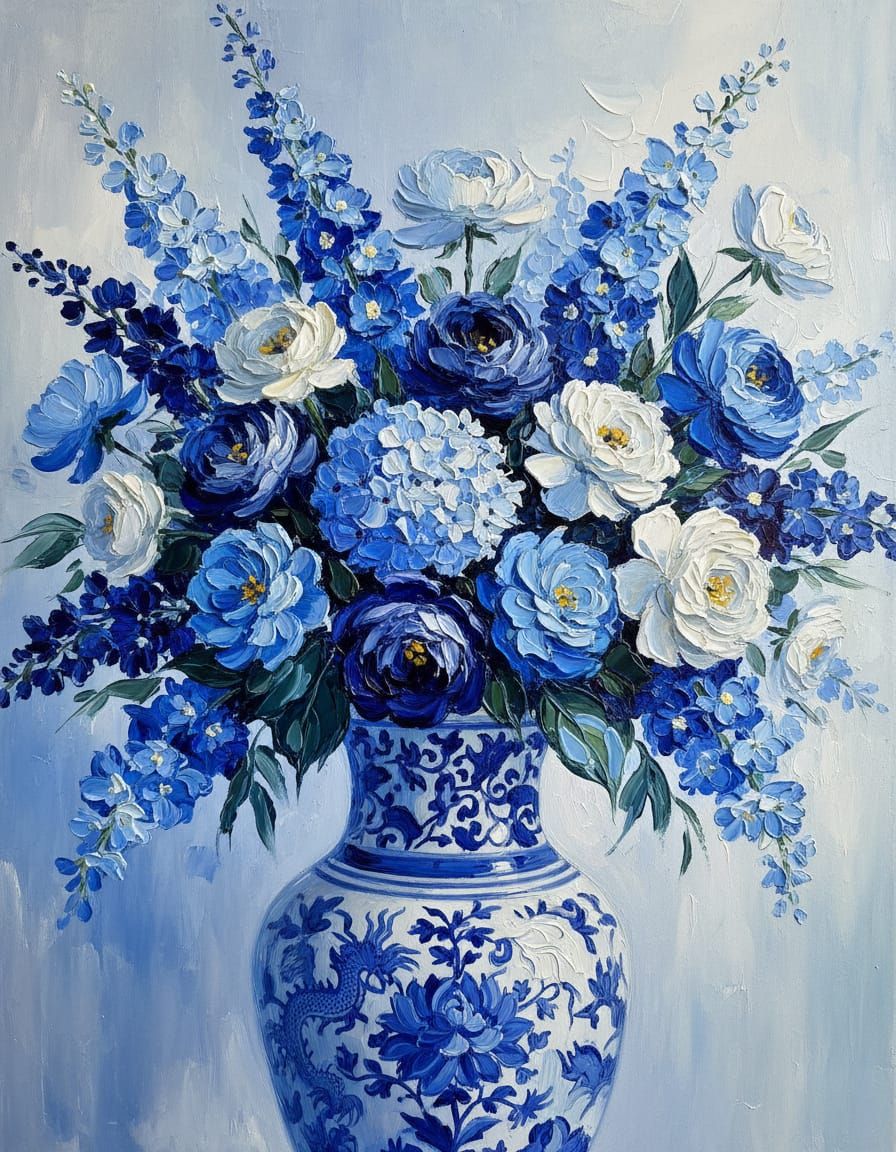 Blue and White Flowers in Ornate Vase Impasto Painting